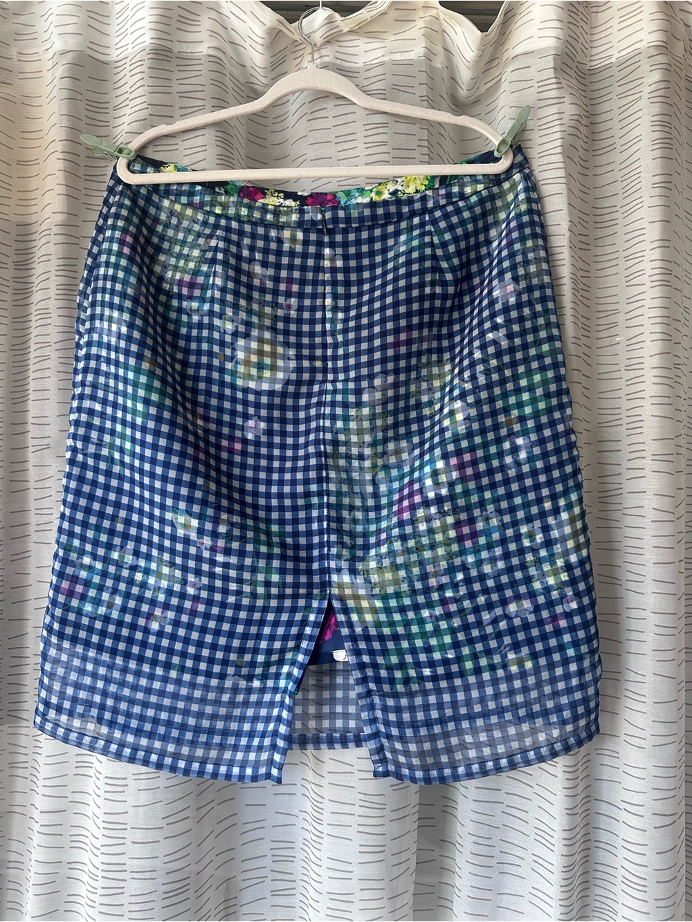 Lord & Taylor Blue and White Gingham Pencil Skirt with Floral Accents - Picture 2 of 5